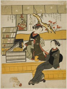 Ofuji, la vendeuse de la Motoyanagiya, avec un client - Suzuki Harunobu