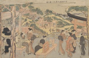 Osen de la maison de thé Kagiya au sanctuaire de Kasamori avec une vue de Nippori à Yanaka, vers 1768 - Suzuki Harunobu