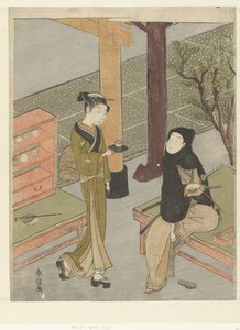 Osen servant du thé à un client de son stand de thé au sanctuaire de Kasamori - Suzuki Harunobu