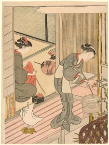 Voiles de retour du porte-serviettes (Tenugui-kake no kihan), de la série "Huit vues du salon (Zashiki hakkei)" - Suzuki Harunobu