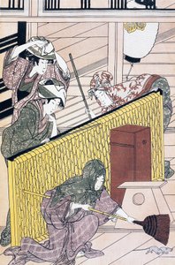 Serviteur chassant des souris dans la maison, estampe ukiyo-e par Suzuki Harunobu (1725-1770), gravure sur bois, civilisation japonaise, période Edo - Suzuki Harunobu