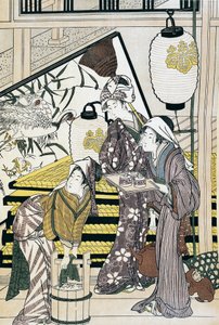 Serviteurs travaillant à la maison, estampe ukiyo-e par Suzuki Harunobu (1725-1770), gravure sur bois, civilisation japonaise, période Edo - Suzuki Harunobu