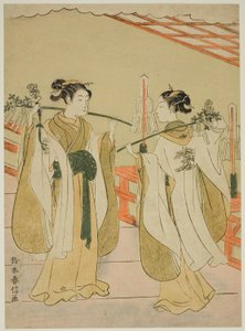 Les prêtresses Onami et Ohatsu dansant au sanctuaire Yushima Tenjin