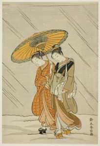 Neige sur le chemin du retour du bain public - Suzuki Harunobu