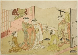 La Mariée changeant de vêtements (Iro-naoshi), la cinquième feuille de la série "Mariage en Gravures Brodées, le Carrosse de la Femme Vertueuse (Konrei nishiki misao-guruma)" - Suzuki Harunobu