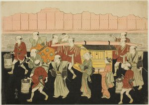 La mariée se rendant en palanquin à la maison de son mari (Koshi-iri), troisième feuille de la série "Le mariage dans les estampes de brocart, la voiture de la femme vertueuse (Konrei nishiki misao-guruma)" - Suzuki Harunobu