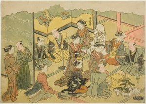 Le saké cérémonial, la quatrième feuille de la série "Mariage en estampes brodées, le char de la femme vertueuse" - Suzuki Harunobu