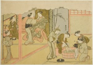 Le premier accouchement (Uizan), la septième feuille de la série "Mariage en estampes brodées, le Carrosse de la femme vertueuse (Konrei nishiki misao-guruma)" - Suzuki Harunobu