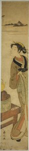 La serveuse Osen de la maison de thé Kagiya portant une tasse de thé - Suzuki Harunobu