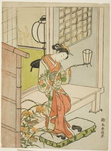 Femme sortant avec une lanterne