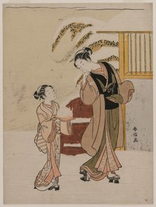 Jeune femme admirant un lapin de neige, fin des années 1760 - Suzuki Harunobu