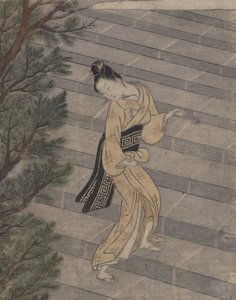 Jeune femme montant des escaliers en pierre vers un temple shintoïste - Suzuki Harunobu