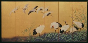 Écran à six volets représentant des roseaux et des grues, période Edo, Japonais, 19ème siècle - Suzuki Kiitsu