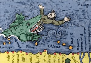 Monstre marin mangeant un humain, illustration de 