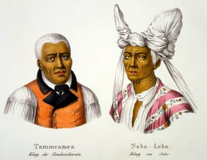 Tammeamea, roi des îles Sandwich, en tenue européenne avec Naba-Leba, roi de Solor, en coiffe indigène et tenue européenne, d