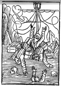 La légende de Saint Brendan (Brandan), héros et saint irlandais du VIe siècle. Les navires coulent dans la mer de Clèves. Gravure de « Die Wunderbare Meerfahrt des Hl. Brandan. » Bâle - Swiss School