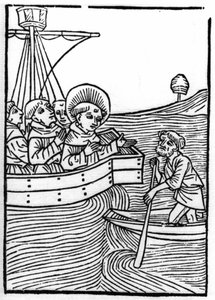La légende de Saint Brendan (Brandan), héros et saint irlandais du 6ème siècle : Les confrères rencontrent un nain au bout du monde. Gravure de « Die Wunderbare Meerfahrt des Hl. Brandan » Bale - Swiss School