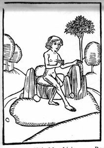 La légende de Saint Brendan (Brandan), héros et saint irlandais du 6ème siècle. Rencontre avec un saint ermite vivant sur un rocher en pleine mer. Gravure de "Die Wunderbare Meerfahrt des Hl. Brandan." Bale