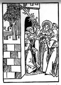 La légende de Saint Brendan (Brandan), héros et saint irlandais du 6e siècle. Un des moines est emprisonné. Gravure de « Die Wunderbare Meerfahrt des Hl. Brandan. » Bâle