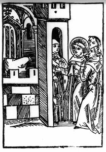La légende de Saint Brendan (Brandan), héros et saint irlandais du VIe siècle. Un des moines vole un calice. Gravure de « Die Wunderbare Meerfahrt des Hl. Brandan. » Bâle