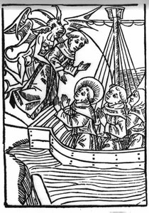 La légende de Saint Brendan (Brandan), héros et saint irlandais du VIe siècle. La prière de Saint Brandan sauve le moine pécheur. Gravure de « Die Wunderbare Meerfahrt des Hl. Brandan. » Bâle - Swiss School