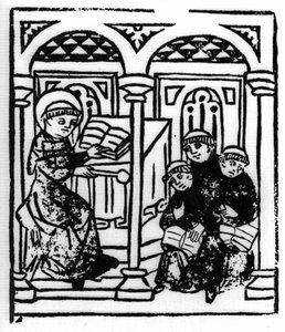 La légende de Saint Brendan (Brandan), héros et saint irlandais du 6e siècle. Le saint raconte les merveilles de la mer à ses confrères du monastère. Gravure de « Die Wunderbare Meerfahrt des Hl. Brandan. » Bâle - Swiss School