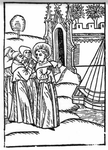 La légende de Saint Brendan, héros et saint irlandais du 6ème siècle. Les moines et Saint Brendan découvrent le Paradis Terrestre. Gravure de « Die Wunderbare Meerfahrt des Hl. Brandan »