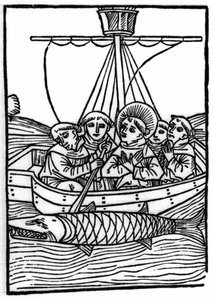 La légende de Saint Brendan (Brandan), héros et saint irlandais du 6ème siècle : La rencontre avec le poisson géant Isconius. Gravure de « Die Wunderbare Meerfahrt des Hl. Brandan » Bale - Swiss School
