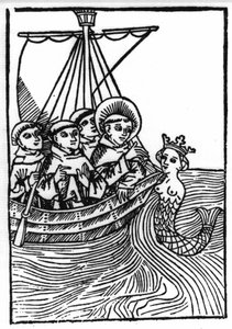 La légende de Saint Brendan (Brandan), héros et saint irlandais du 6ème siècle. La rencontre de Saint Brendan avec la Sirène. Gravure de « Die Wunderbare Meerfahrt des Hl. Brandan »