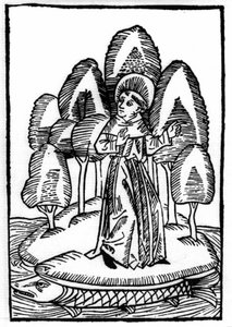 La légende de Saint Brendan (Brandan), héros et saint irlandais du VIe siècle. Le saint est sur une forêt sur le dos d