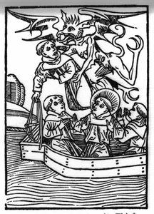 La légende de Saint Brendan (Brandan), héros et saint irlandais du 6ème siècle. Le diable emporte le moine voleur. Gravure de "Die Wunderbare Meerfahrt des Hl. Brandan." Bale - Swiss School