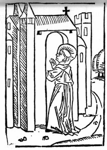 La légende de Saint Brendan (Brandan), héros et saint irlandais du 6ème siècle. Le retour du saint à son monastère. Gravure de « Die Wunderbare Meerfahrt des Hl. Brandan. » Bâle