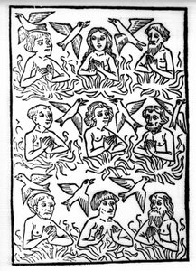 La légende de Saint Brendan (Brandan), héros et saint irlandais du 6ème siècle : Les feux du Purgatoire et les oiseaux de feu. Gravure de « Die Wunderbare Meerfahrt des Hl. Brandan. » Bâle - Swiss School