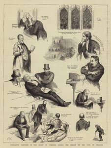 Croquis de personnages à la Chambre des communes pendant le débat sur le vote de censure