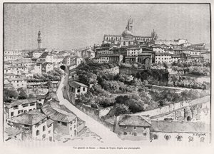 Vue générale de Sienne (Italie). Gravure de Taylor pour illustrer le récit « À travers la Toscane » par Eugène Müntz (1845-1902), dans Le Tour du Monde 1892, dirigé par Édouard Charton (1807-1891), Hachette, Paris.