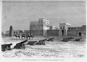 Palais du Sheikh Aissa à Bahreïn, Tchad. Gravure de Taylor pour illustrer le récit À Suse, journal des excavilles - T Taylor
