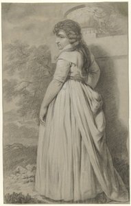 Jeune femme, vue de dos, debout dans un jardin