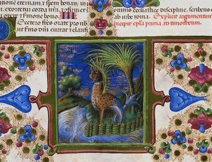 Frise de bordure au pied de la page avec animal monstrueux dans un paysage, Volume II, f 207, v, Bible de Borso d