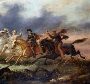 "Allegorie de la chasse" Trois cavaliers sur des chevaux au galop, l