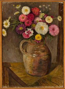 Asters et zinnias dans une cruche en terre cuite - Tadeusz Makowski