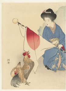 Femme avec drapeau japonais et un coq