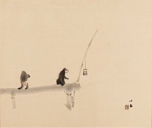 Gravure sur bois - Deux singes sur un quai, fin du XIXe-début du XXe siècle - Takeuchi Seiko