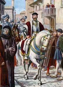 Portrait de Cosme I de Toscane (Cosimo de Medici) circulant dans les rues de Florence, entouré de membres de sa milice composée de soldats espagnols et allemands - Tancredi Scarpelli