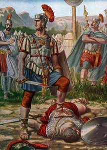 Antiquité romaine : Le consul Titus Manlius Imperiosus Torquatus défait un Gaulois en 361 avant J.-C. Illustration de Tancredi Scarpelli - Tancredi Scarpelli