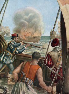 Deuxième expédition en Inde (1502-1503) « Bataille navale entre la flotte portugaise de Vasco de Gama et celle de Calicut, les Portugais tirent sur le navire musulman Miri chargé de pèlerins revenant de La Mecque, 3/10/1502 » - Tancredi Scarpelli