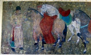 Art chinois : deux palefreniers conduisant quatre chevaux dans une écurie impériale (détail) - Tang Dynasty Chinese School