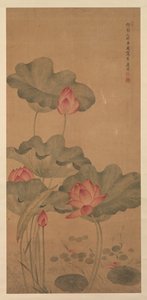 Lotus rouge et poisson