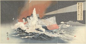 Nos destroyers Hayatori et Asagiri détruisent des navires ennemis pendant une tempête de neige à Port Arthur - Taniguchi Kokyo