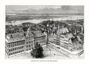 Hôtel de ville et rivière Escaut, Anvers, Belgique, 1879