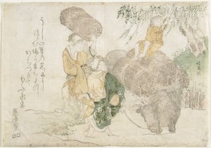 Vendeurs de bois et un enfant sur une vache - Teisai Hokuba